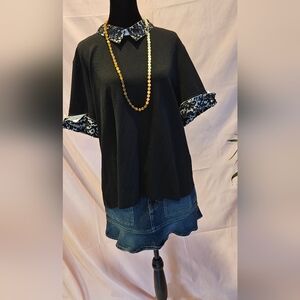 Karl Lagerfeld Paris Black Lace Collar Top with Pearl Accents XL